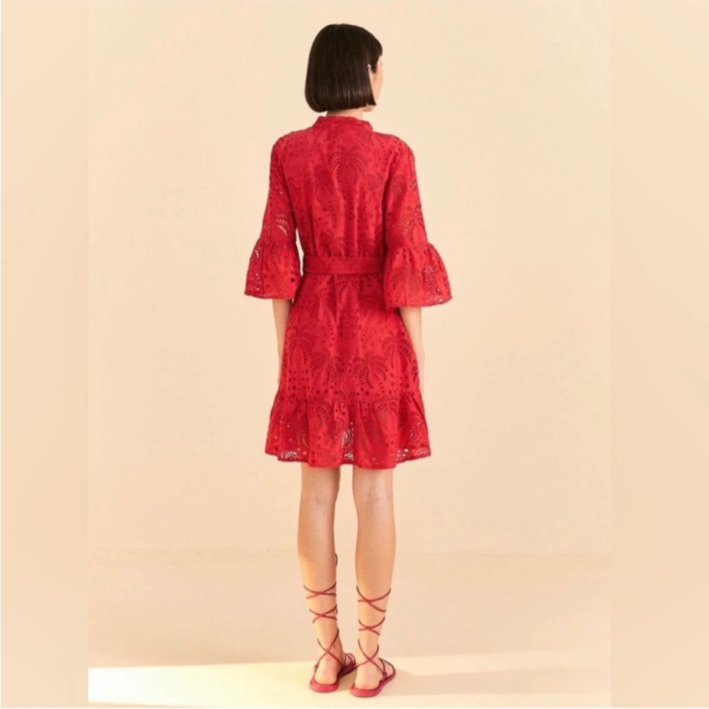Farm Rio Red Palm Tree Mini Dress Eyelet Belted Size L NWT - Picture 7 of 15